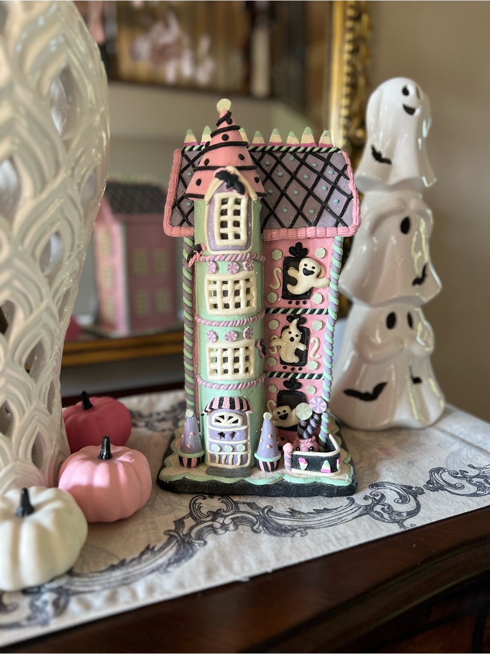 Whimsical Pastel Pink Halloween Haunted House Décor